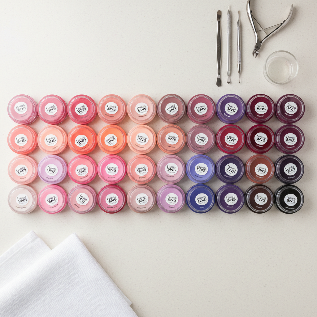 An overhead, photographic realism composition of an organized nail technician workstation featuring Lunera SNS dip powder jars arranged in a gradient from sheer pinks to deep plums, alongside stainless steel tools, a glass dappen dish, and a folded white salon towel. Everything rests on a pale, matte work surface with a subtle texture. Bright but diffused studio lighting from above eliminates harsh shadows, ensuring every color reads accurately and vibrantly. The mood is clean, methodical, and professional, ideal for illustrating an efficient salon setup. The image uses a balanced, top-down layout with ample negative space around the edges, perfect for overlaying text about professional nail systems and salon success tips.