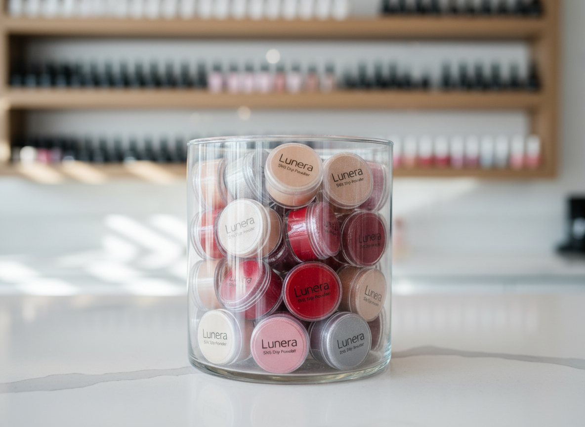 A close-up, photographic realism image of a crystal-clear glass jar filled with neatly arranged Lunera-branded SNS dip powder jars in soft nudes, classic reds, and subtle shimmering tones. The products rest on a spotless white quartz salon counter with faint gray veining, set against a blurred background of tidy, modern nail shelves. Cool, diffused daylight from an unseen window washes over the scene, creating crisp reflections on the glass and soft shadows beneath each container. Shot at eye level with a shallow depth of field, the foreground labels are tack-sharp while the background softly fades into bokeh, conveying a professional, high-end, and trustworthy atmosphere suitable for a premium nail product homepage hero image.